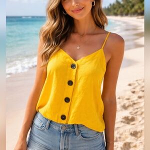Garage Mustard Yellow Button Front Cami XS Spaghetti Strap Crop Tank Top